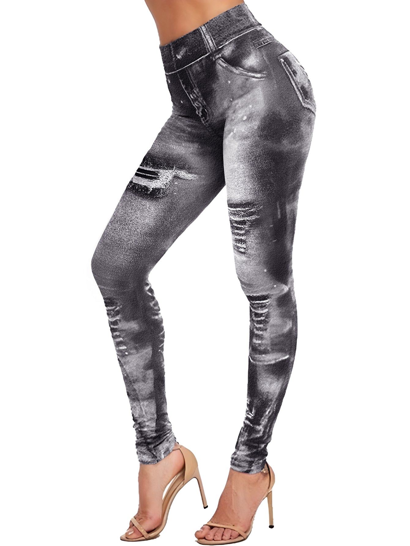Distressed Denim-Print High-Waisted Stretchy Yoga Leggings-Black