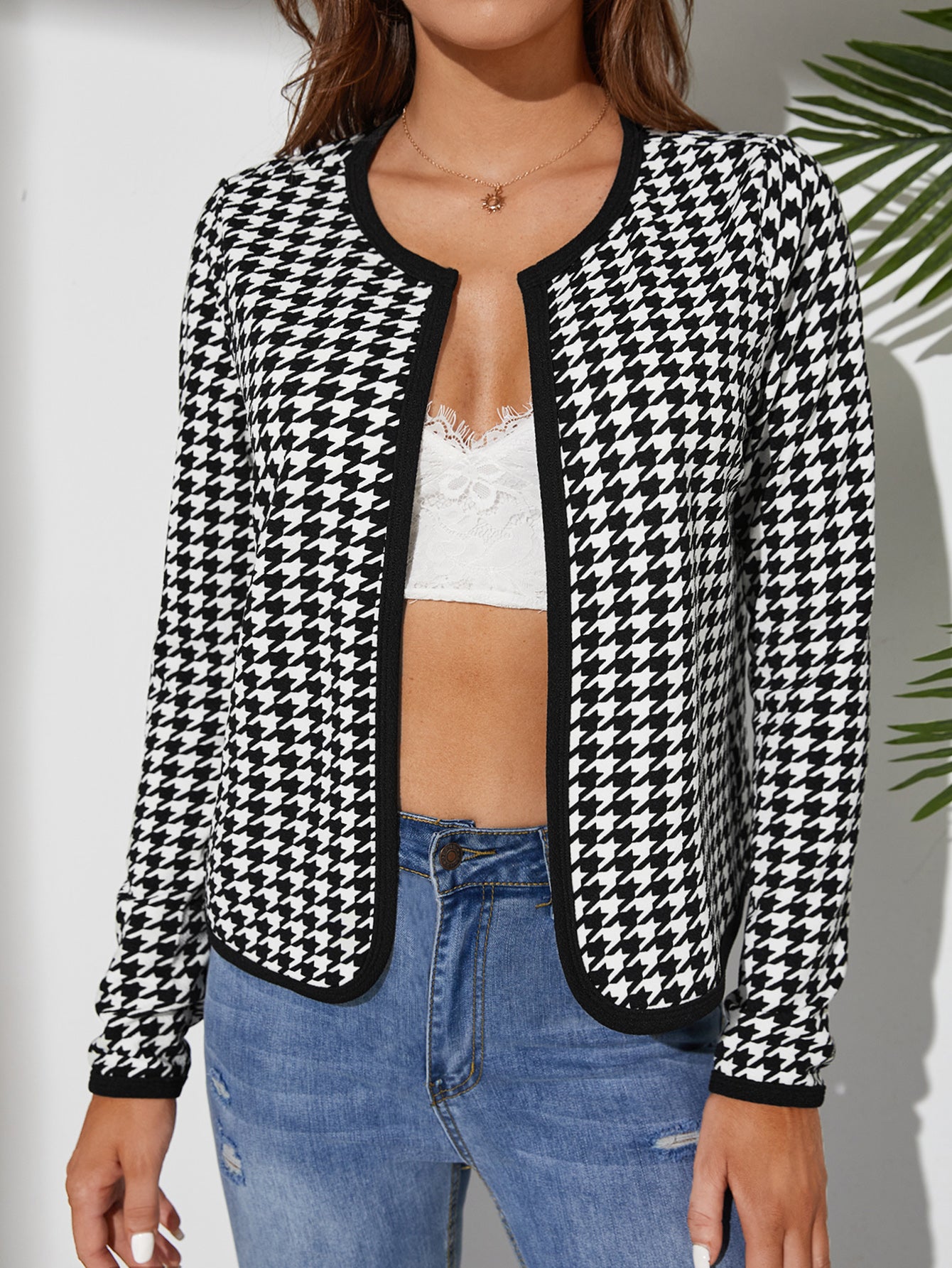 Classic Houndstooth Open Front Jacket