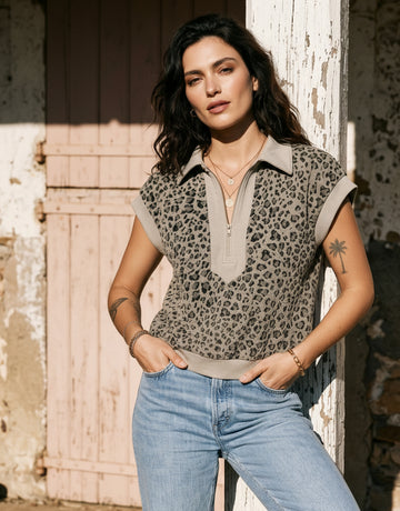 Leopard Print Zip Short Sleeve Top