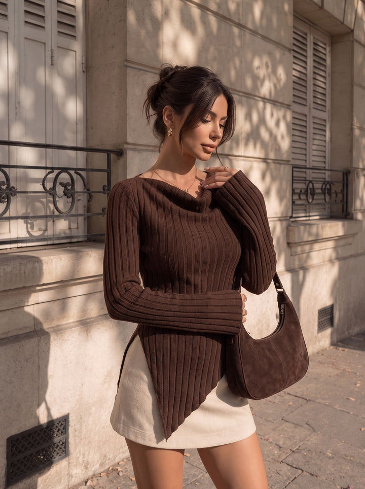 Ribbed Cowl Neck Flare Sleeve Top