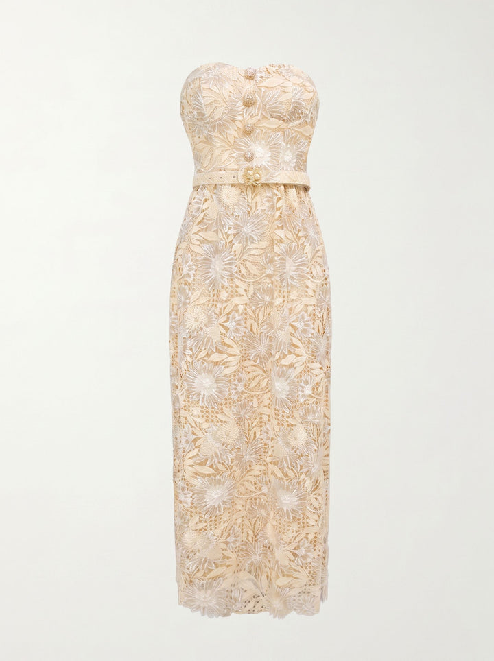 Strapless Floral Lace Belted Maxi Dress
