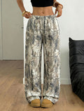 High Waisted Leaf Print Wide Leg Pants