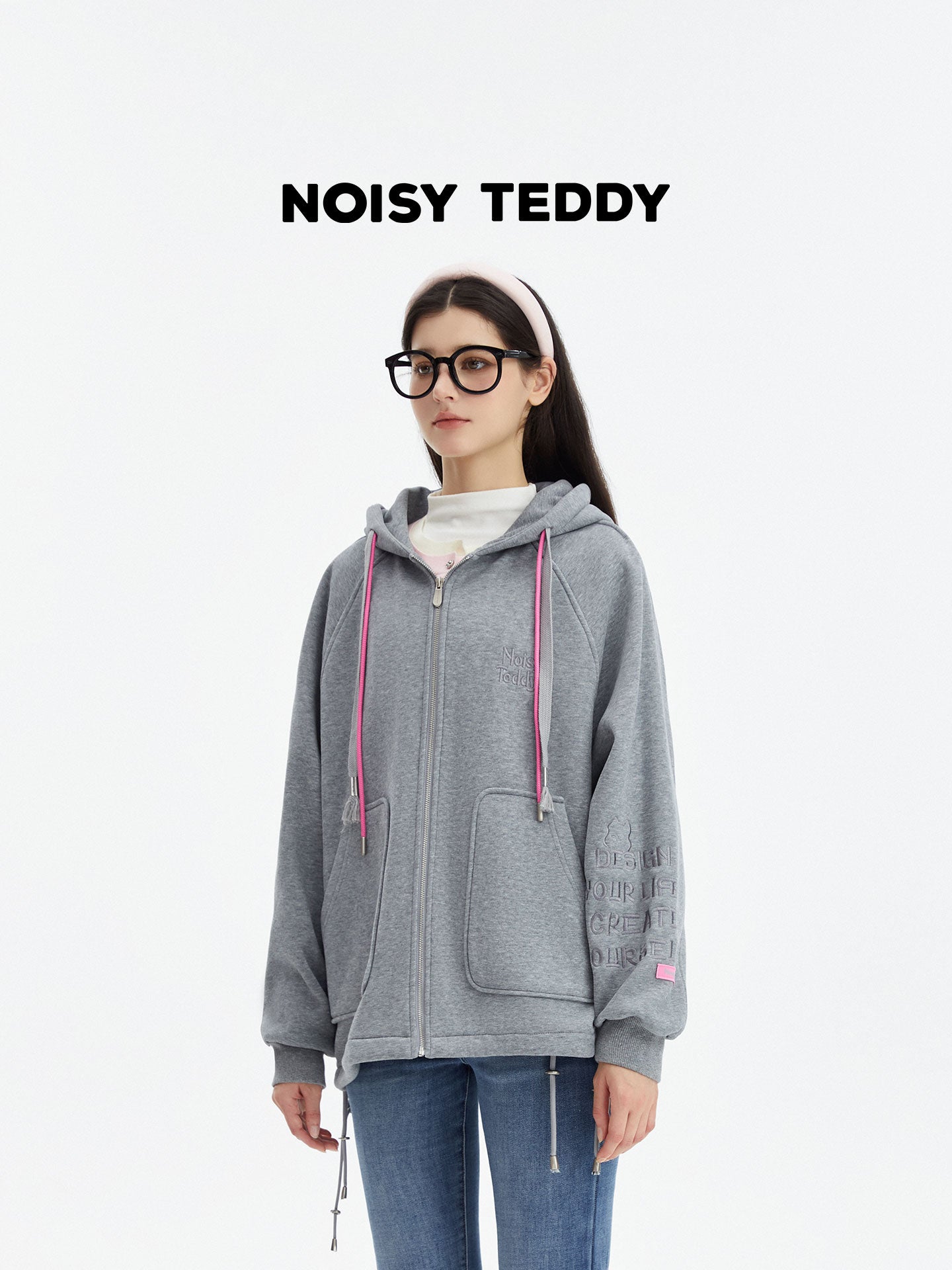 Oversized Graphic Bear Zip Up Hooded Jacket