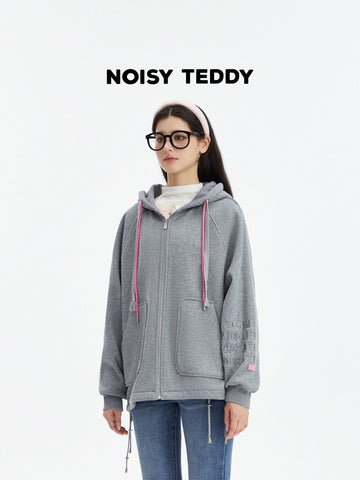 Oversized Graphic Bear Zip Up Hooded Jacket
