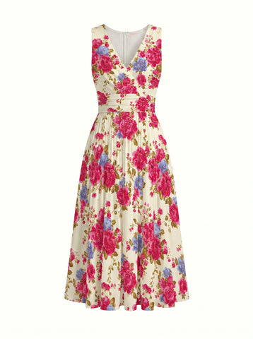 CORINNE
Floral Print V Neck A Line Midi Dress