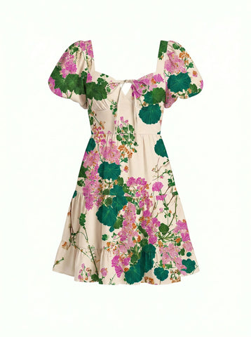 Floral Print Puff Sleeve Tiered Mini Dress