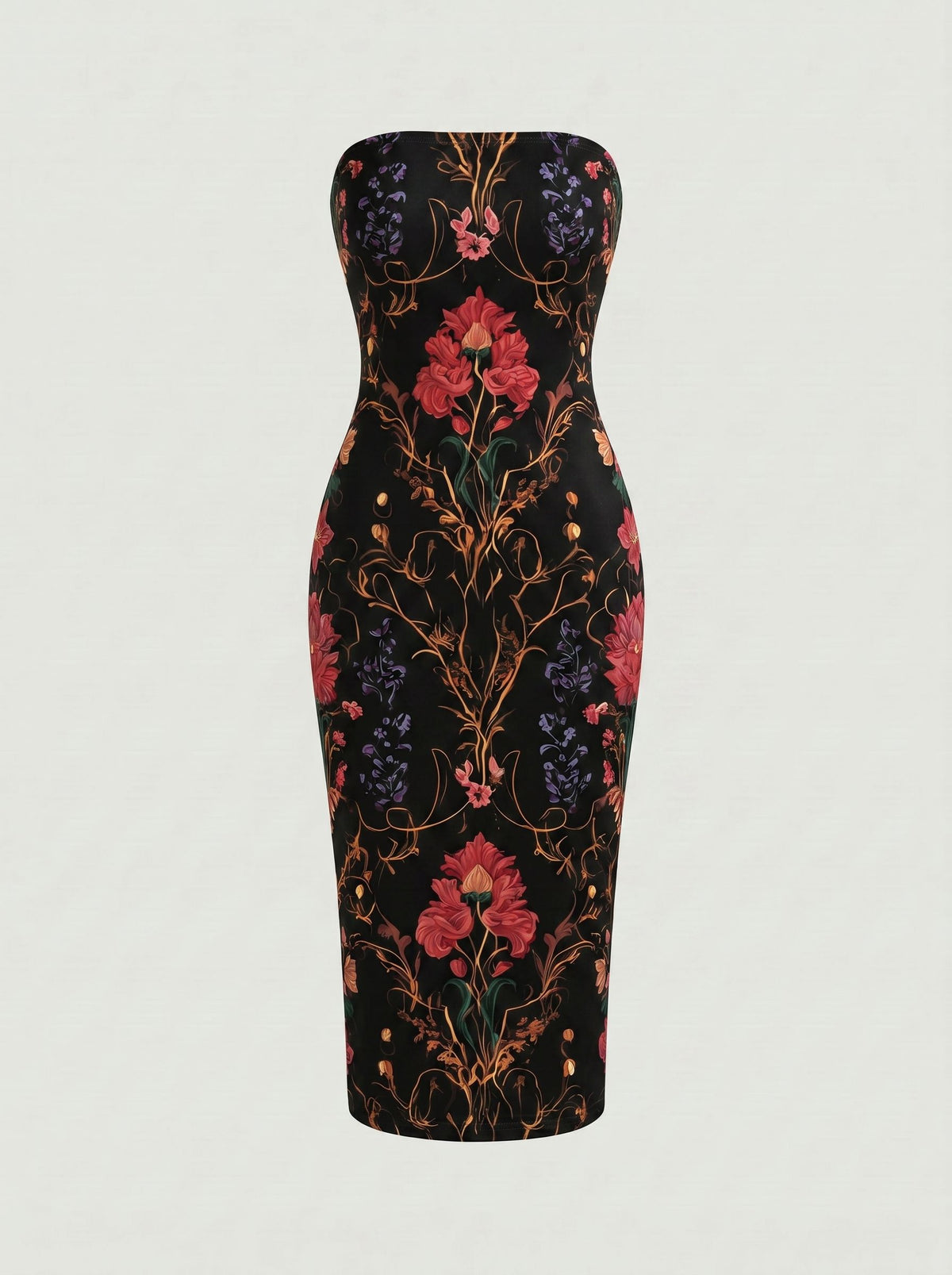 MAIA Art Nouveau Botanical Print Strapless Sheath Midi Dress