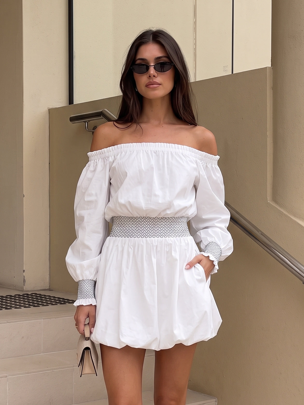 Off Shoulder Smocked Mini Dress