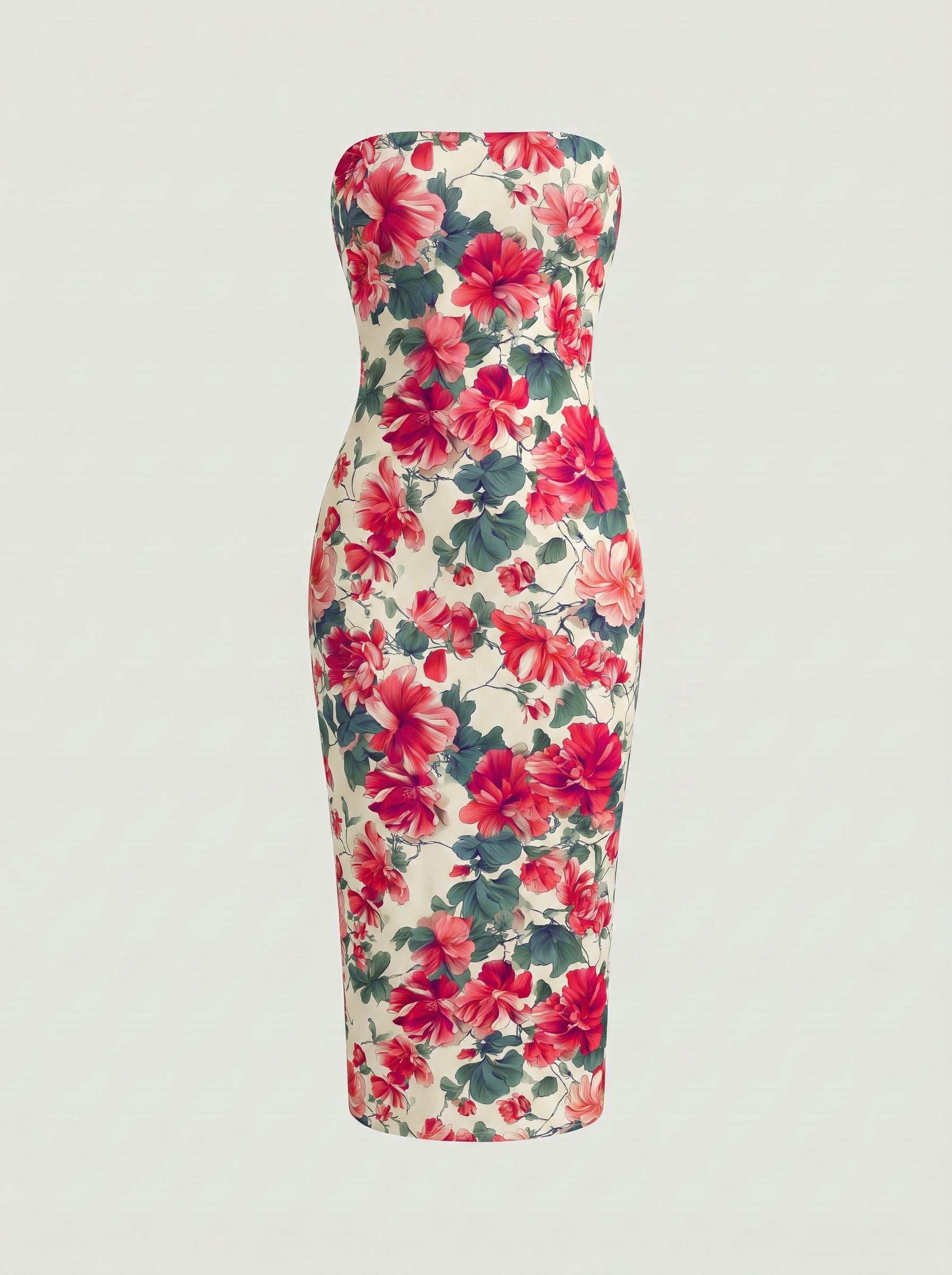 MAIA Floral Print Strapless Sheath Midi Dress