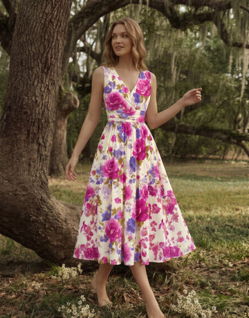 CORINNE
Floral Print V Neck A Line Midi Dress