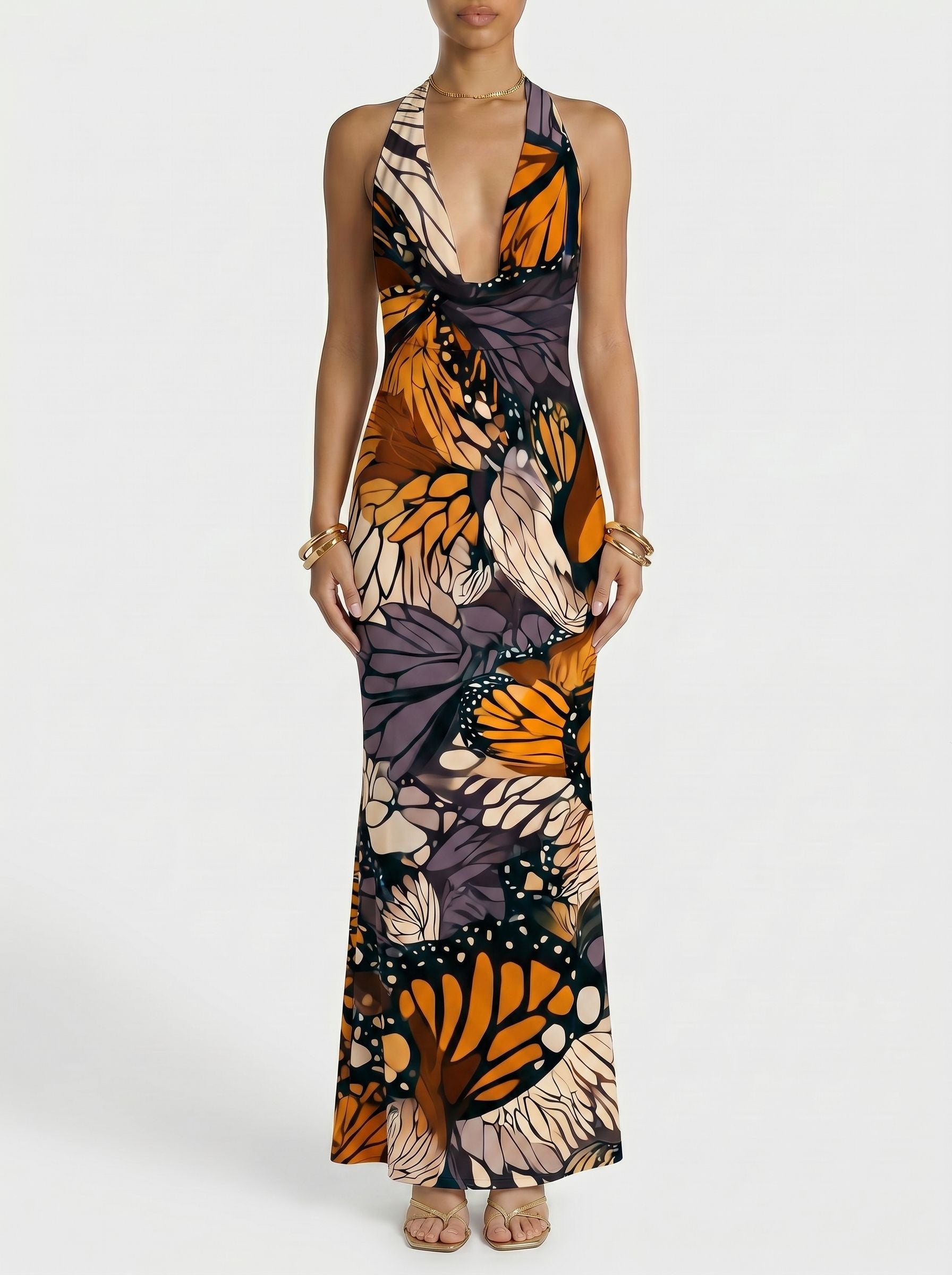 Floral Print Cowl Neck Bodycon Maxi Dress