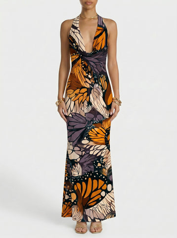 Floral Print Cowl Neck Bodycon Maxi Dress