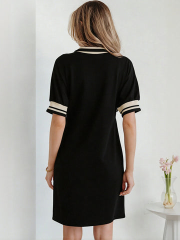 Zip Up Striped Trim Dress