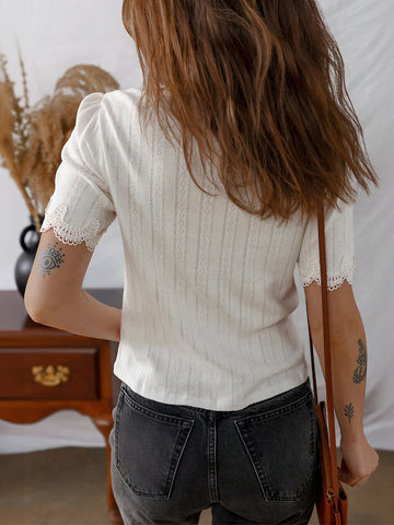 Scalloped Puff Sleeve Ribbed T Shirt