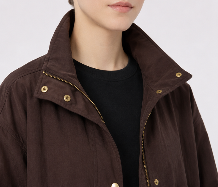 Brown Cropped Snap Button Jacket