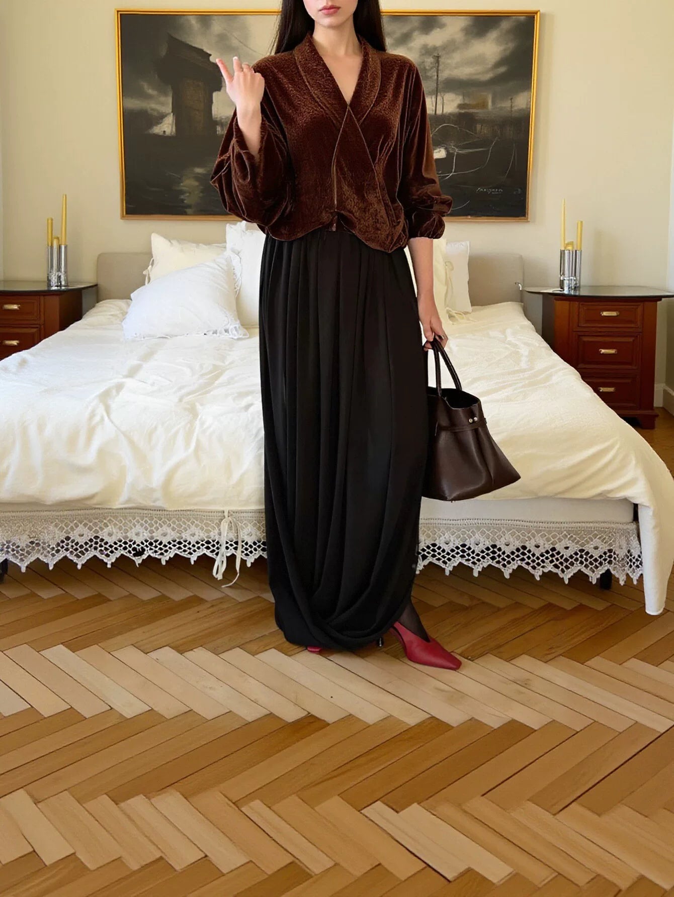 Flowy Draped High Waisted Midi Skirt
