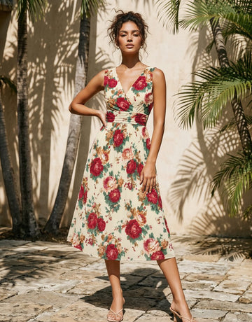 CORINNE
Floral Print V Neck A Line Midi Dress