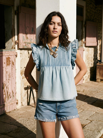 Pleated Detail Ruffle Sleeve Denim Top