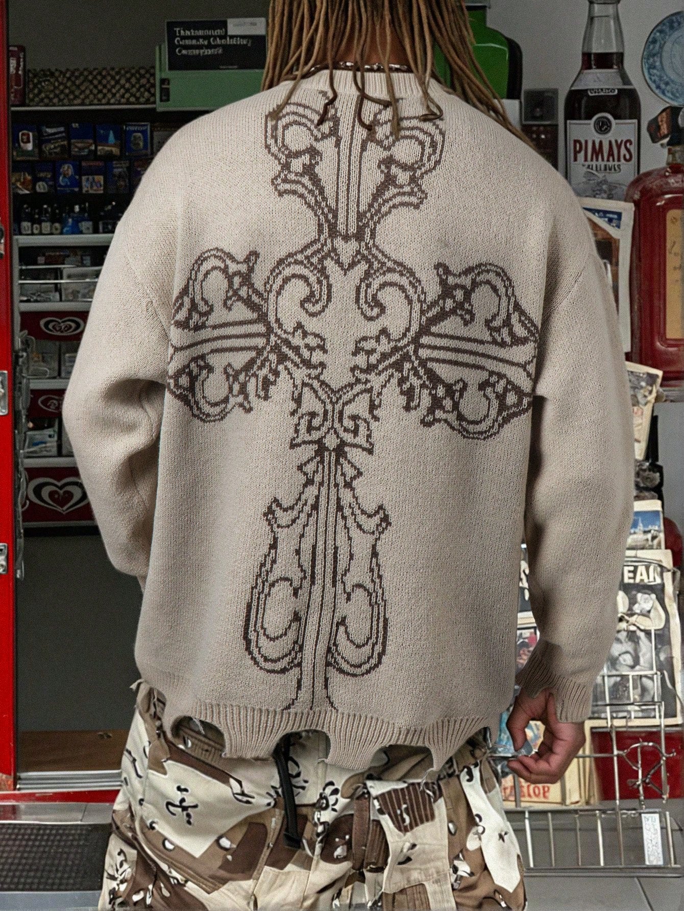 Oversized Grunge Cross Graphic Knit Sweater