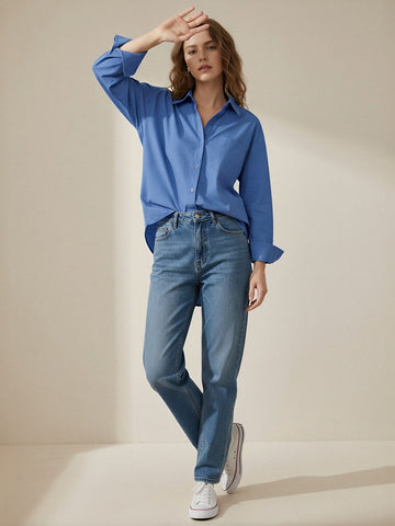 Classic Collar Long Sleeve Chest Pocket Classic Shirt-Blue