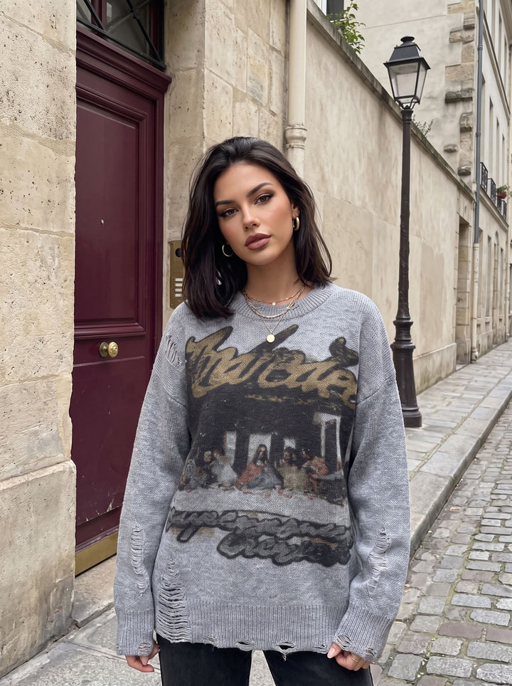 Distressed Graphic Print Oversized Sweater