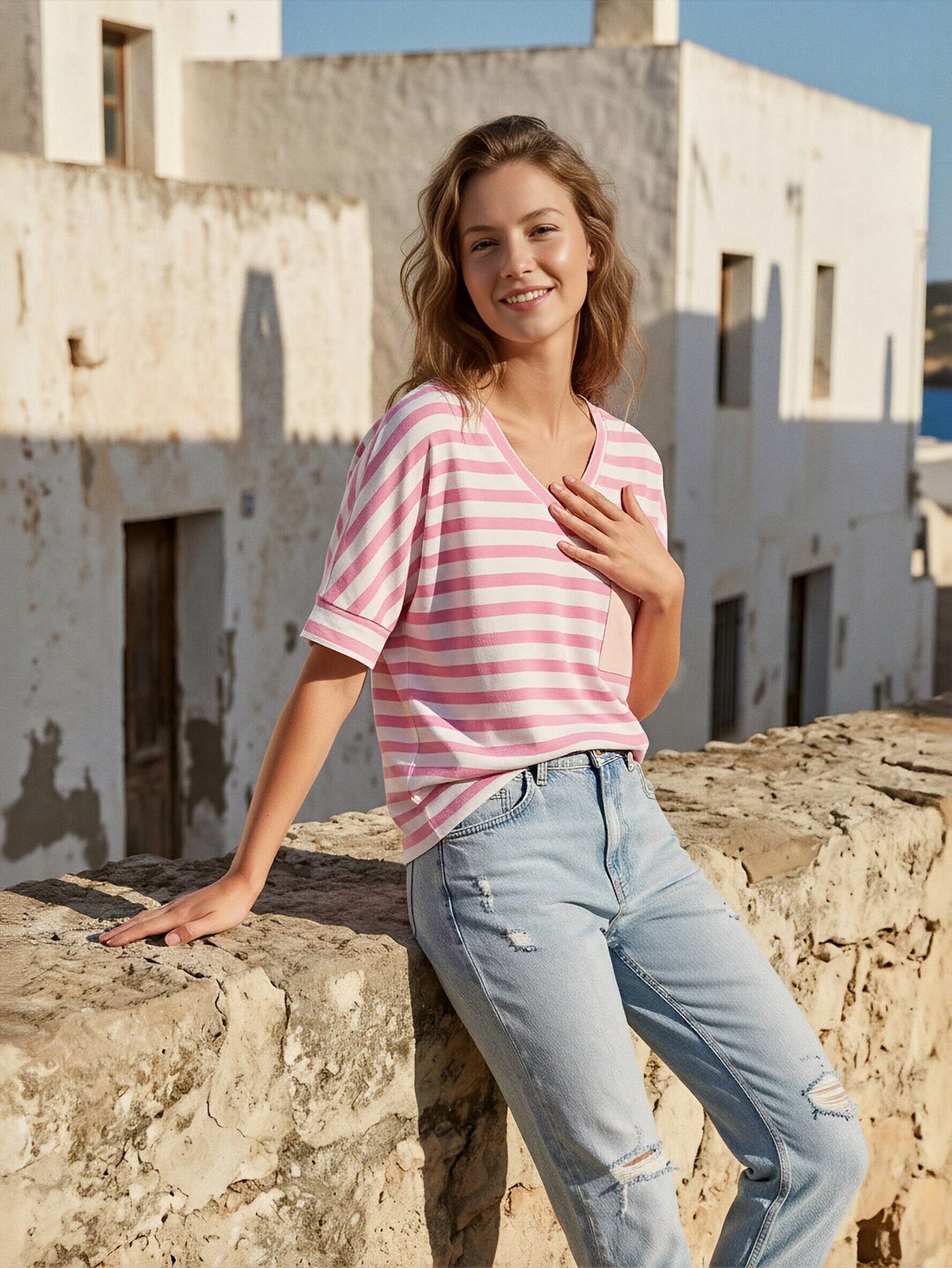 Casual Striped V Neck Pocket T-Shirt