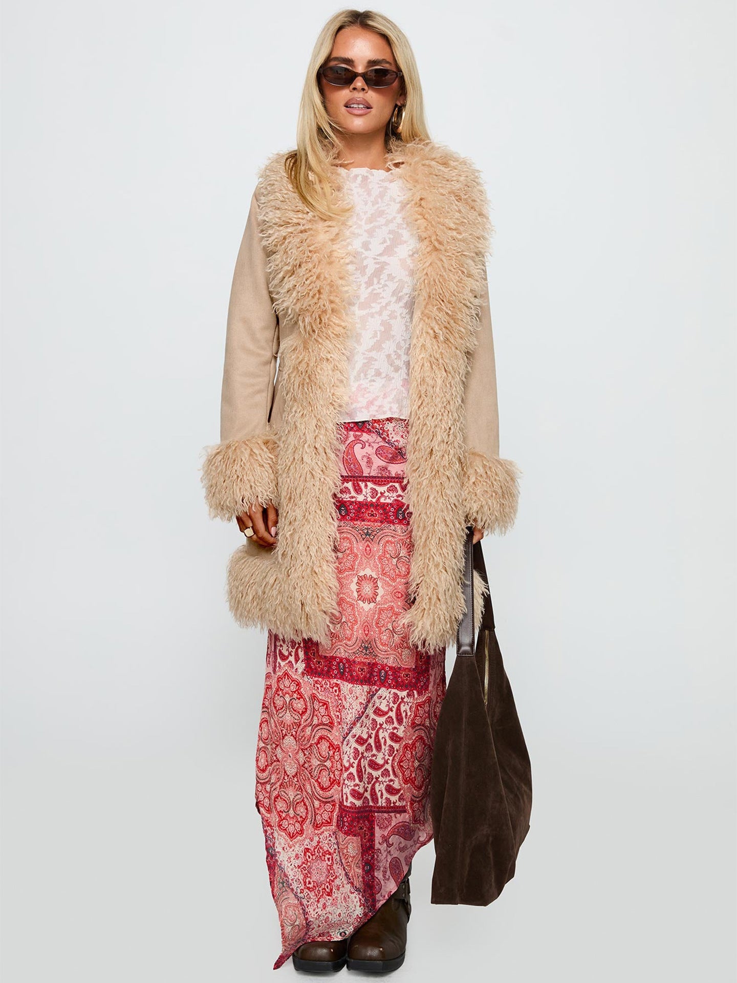 Faux Fur Trim Suede Coat