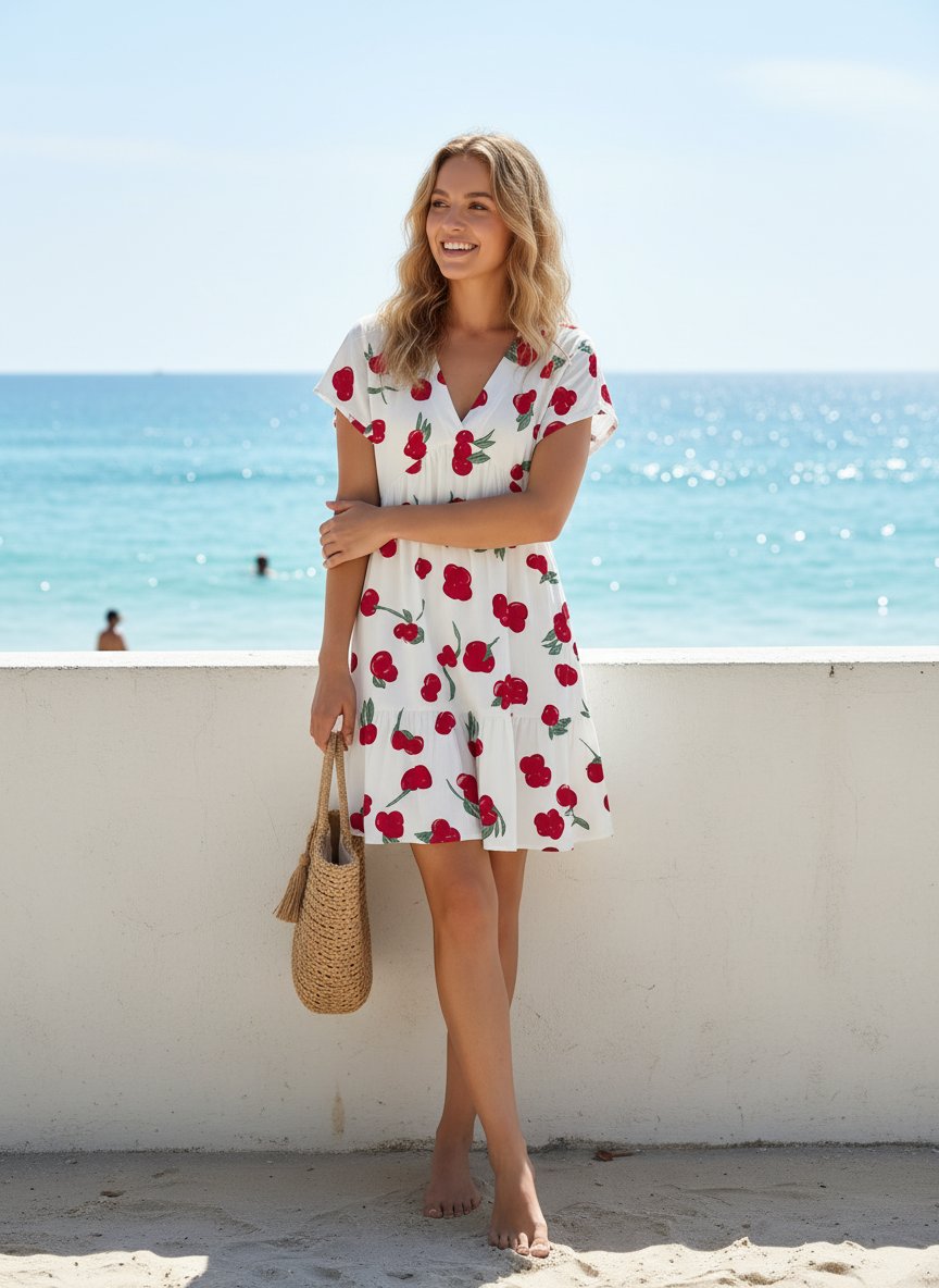 Floral Print V Neck Tiered Babydoll Mini Dress