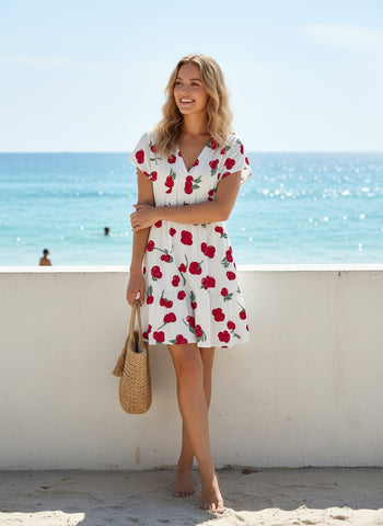 Floral Print V Neck Tiered Babydoll Mini Dress