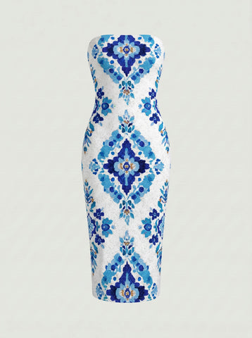 MAIA Floral Print Strapless Sheath Midi Dress