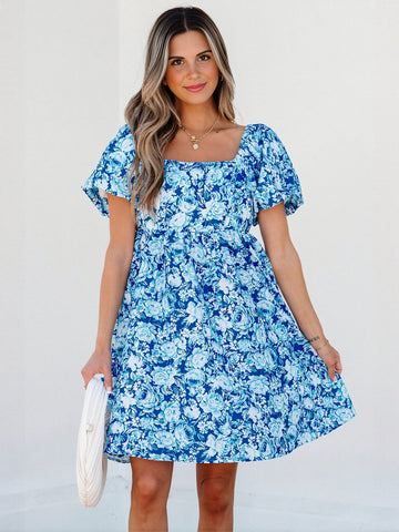 Floral Puff Sleeve Square Neck Dress