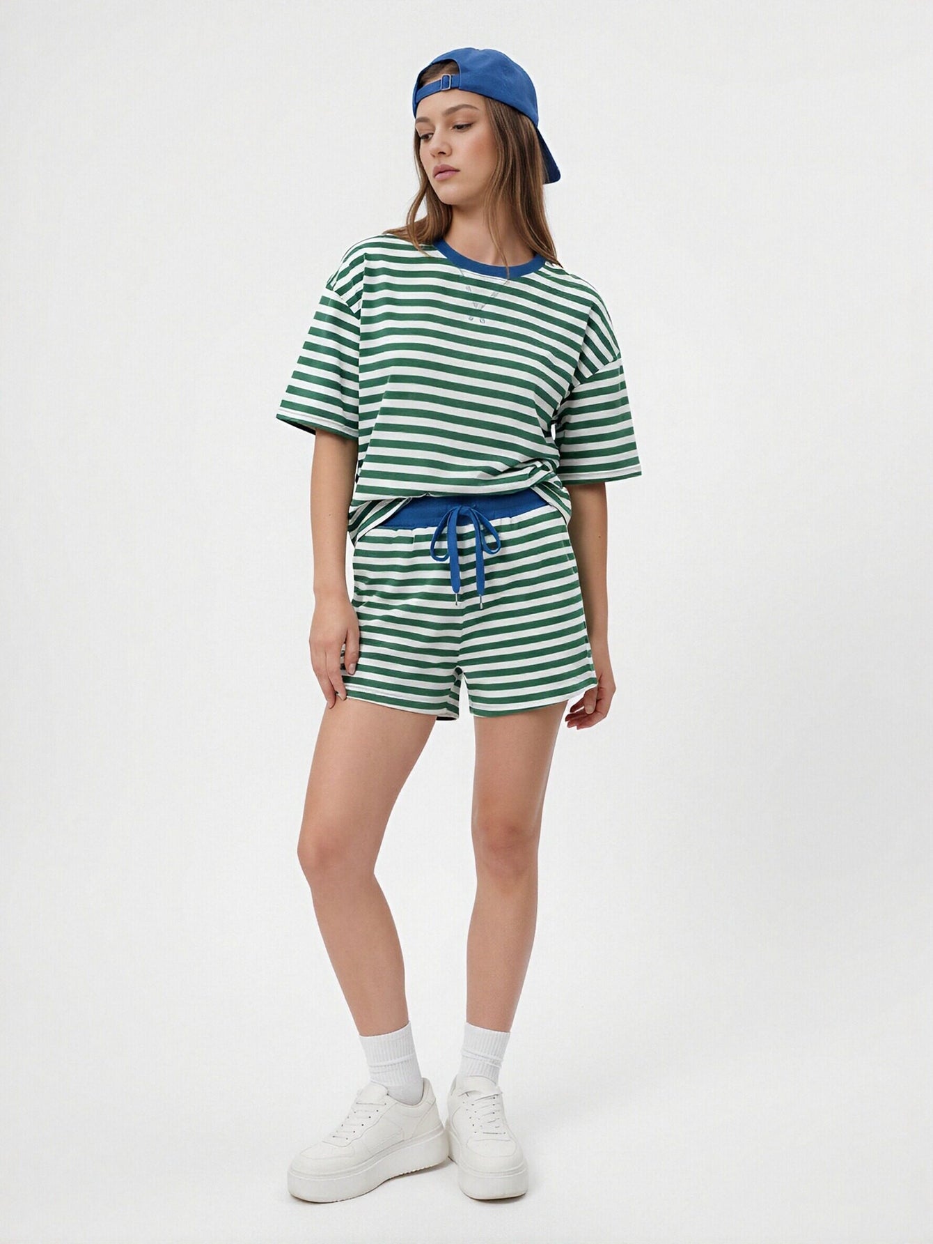 Striped Drawstring Waist Short Set
