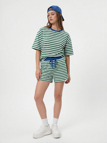 Striped Drawstring Waist Short Set
