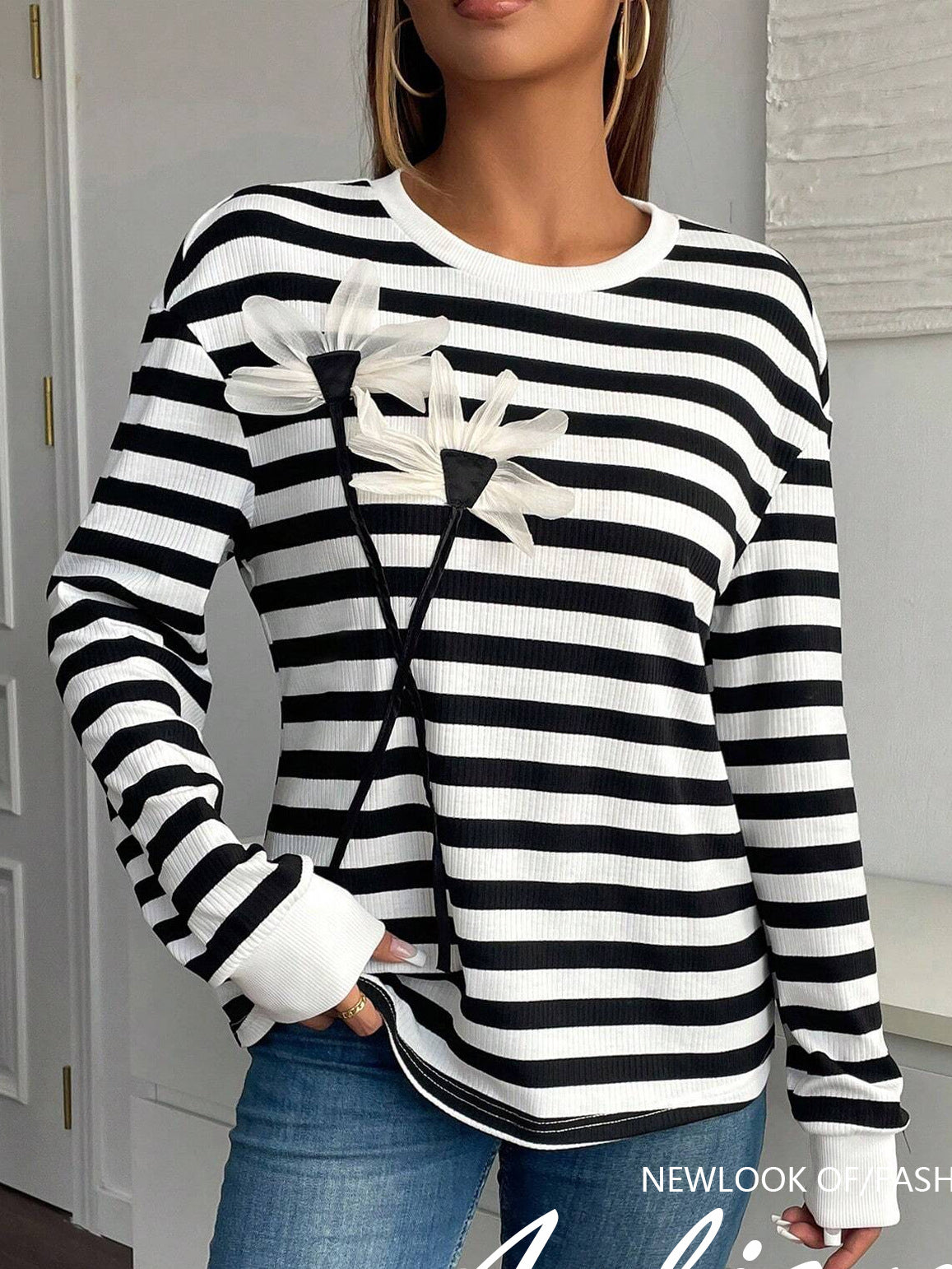 Floral Applique Striped Crewneck Sweatshirt