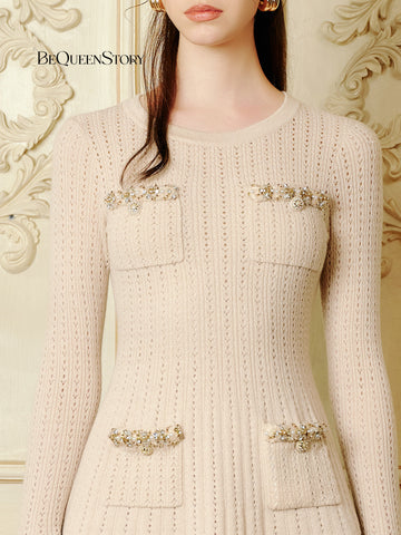Embellished Knit Long Sleeve Mini Dress