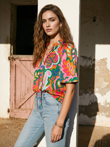 V Neck Floral Print Blouse