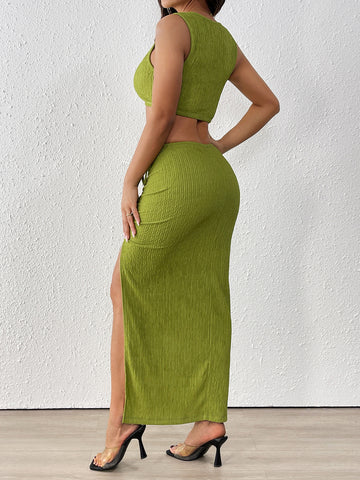 Ribbed Side Slit Casual Midi Skirt Set