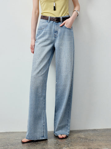 Rhinestone Embellished Wide Leg Jeans