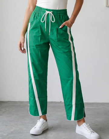 High Waisted Drawstring Side Stripe Pants