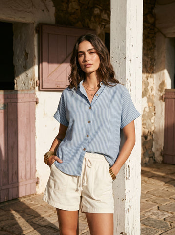 Striped Button Front Denim Top