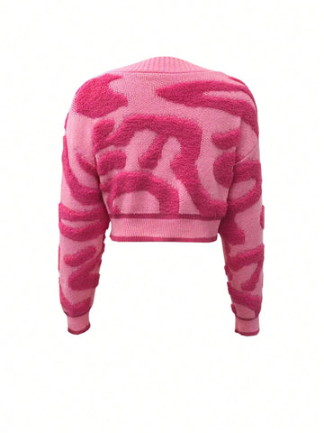 Cozy Pink Patterned Cropped Cardigan