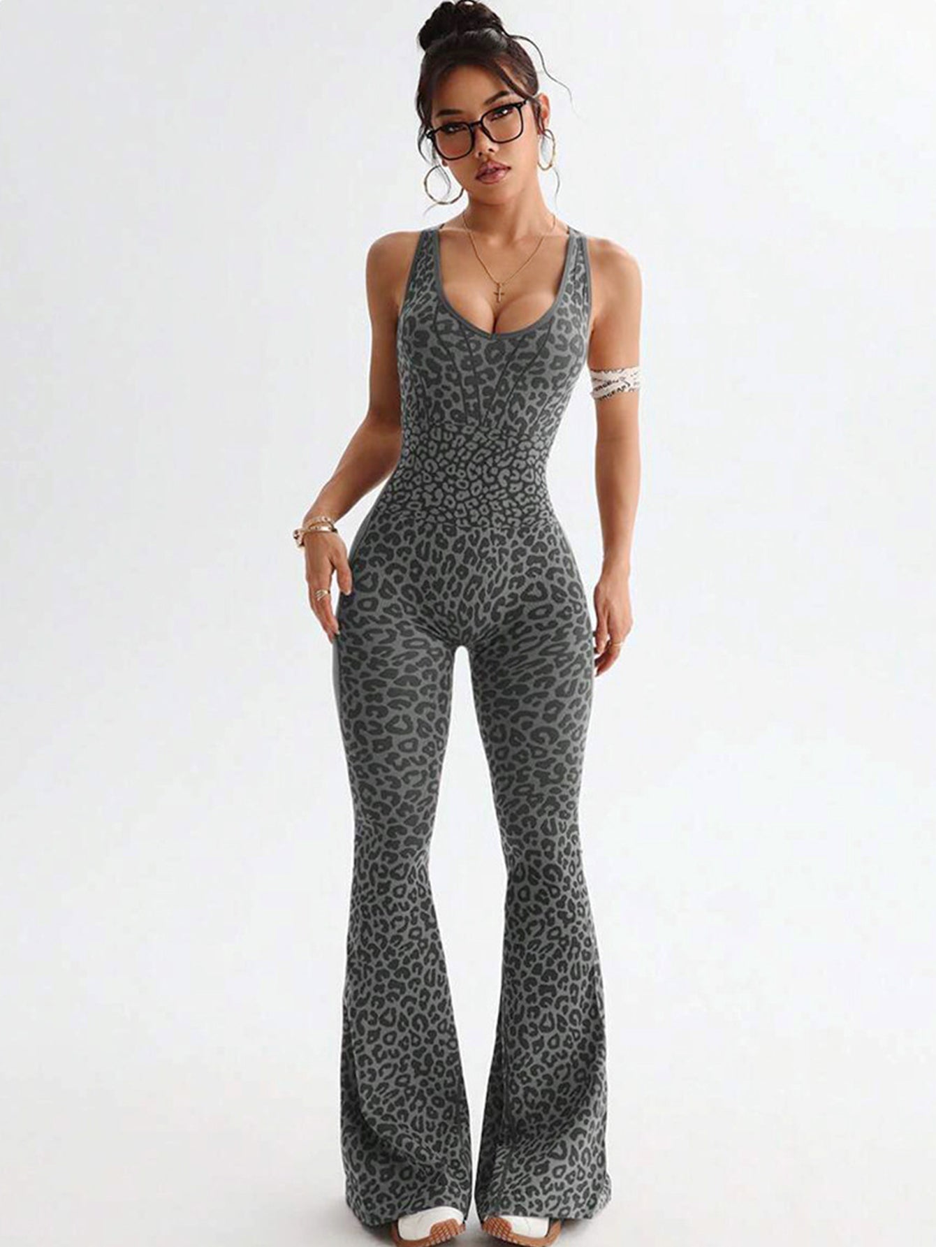 Leopard-Print Racerback Flared-Leg Workout Jumpsuit-Multicolor
