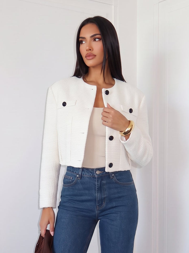 Elegant Cropped Tweed Button Jacket