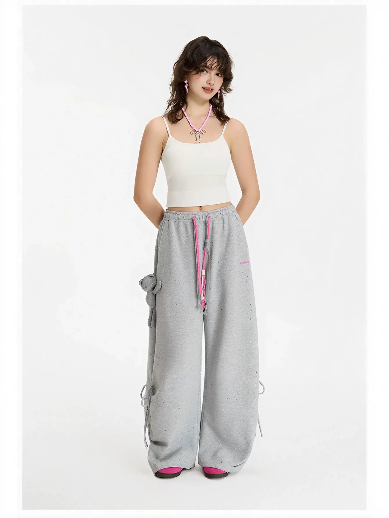 Drawstring Splatter Print Wide Leg Pants