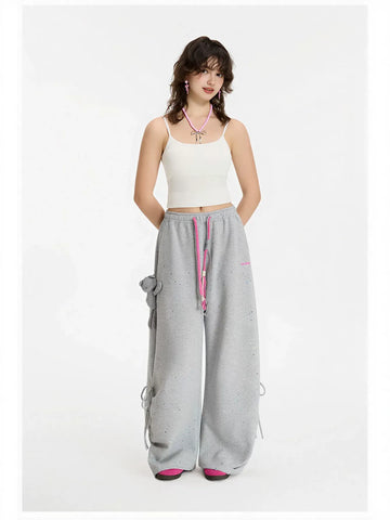 Drawstring Splatter Print Wide Leg Pants