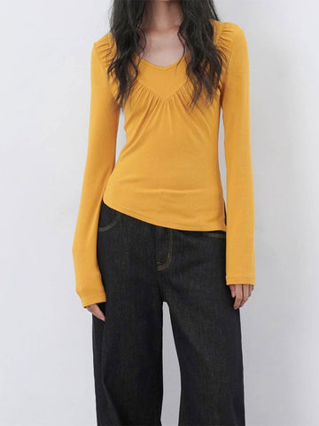 Ruched V Neck Long Sleeve Tee
