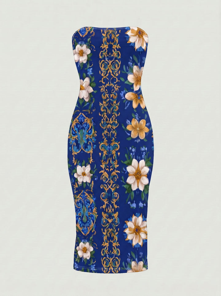 MAIA Baroque Floral Print Strapless Sheath Midi Dress