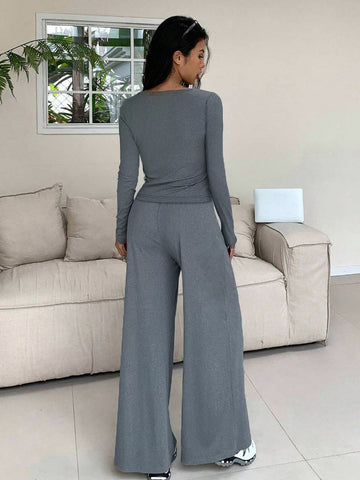 Ruched Button Up Lounge Pants Set