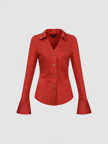 Urban Revivo Skinny V-Neck Shirt-Orange