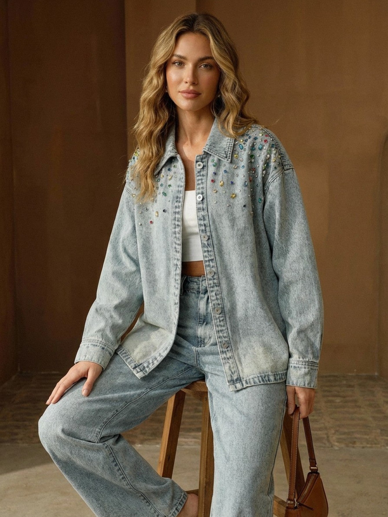 Embellished Oversized Light Wash Denim Shirt